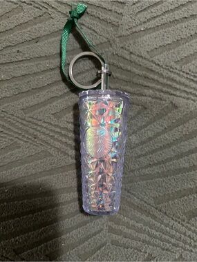 Starbucks Iridescent Lavender Mini Tumbler Keychain with Green Ribbon Loop